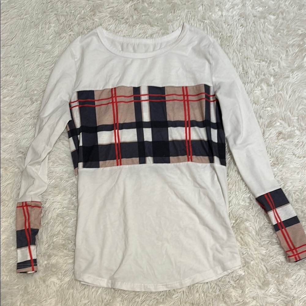 Plaid Accent Long Sleeve Top - White
